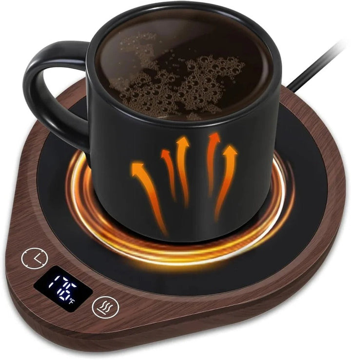 Electric coffee mug warmer with auto shut-off, perfect for keeping beverages warm at home or office desk.