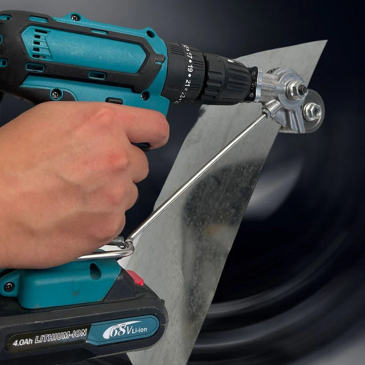 Metal sheet cutting effortlessly with this electric drill attachment, a versatile automotive tool.