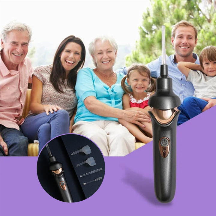 Electric ear wax remover charging on a dock. Portable and rechargeable ear cleaner for daily hygiene.