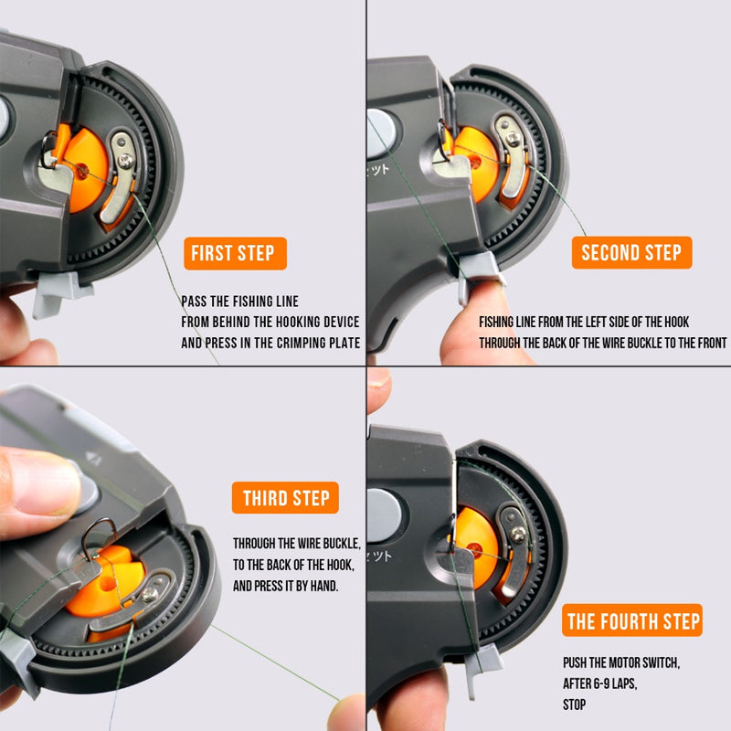 Angler using Electric Fishing Hook Tyer Tool, essential fishing equipment