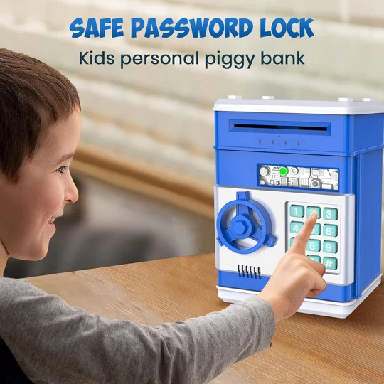 Kids' smart electronic ATM piggy bank with code lock, a fun toy for financial education and secure money saving.