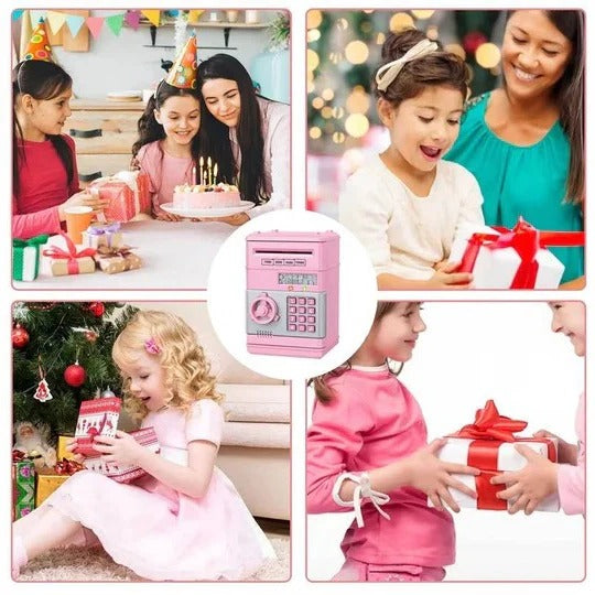Financial education toy: kids' electronic money bank ATM, teaching smart saving with a fun code lock.