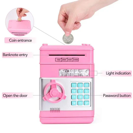 A great gift! Kids' electronic piggy bank ATM with code lock for secure, interactive cash & coin saving.