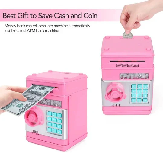 Electronic cash & coin piggy bank for children, featuring an ATM design and a secure code lock for saving.