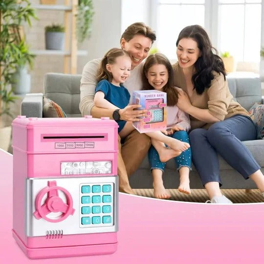 Close-up of a kids' electronic piggy bank ATM, highlighting the secure code lock for smart money saving.
