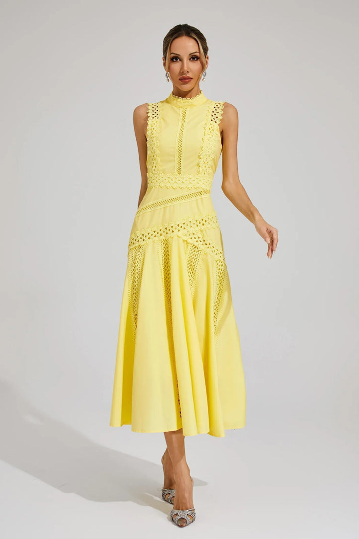 Elegant A-line lace midi dress for women, perfect for wedding guests or special occasions.