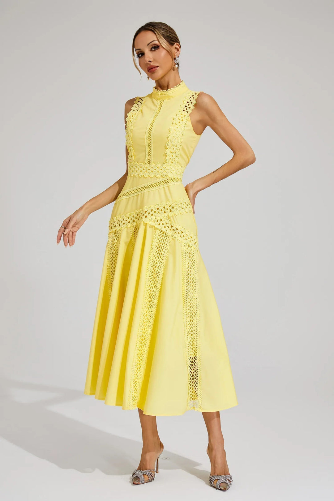 White formal lace A-line midi dress for women, perfect for elegant special occasion wear.
