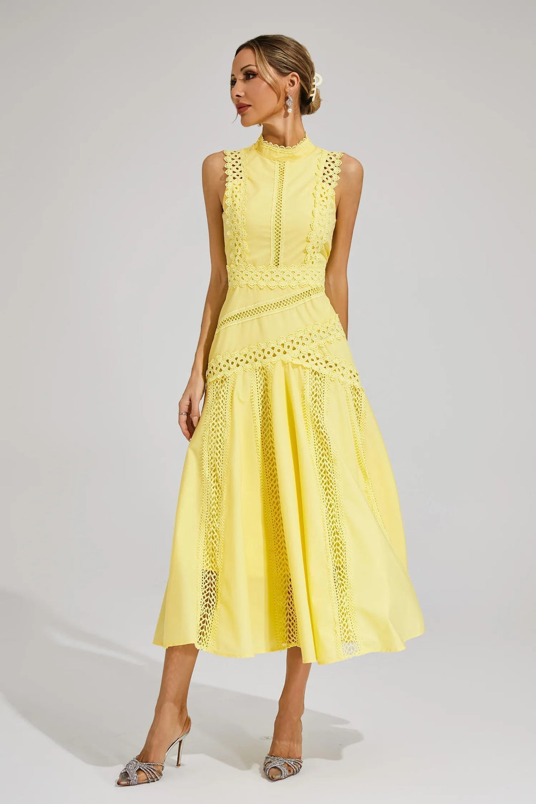 Chic A-line lace wedding guest midi dress for women, elegant formal wear for special events.