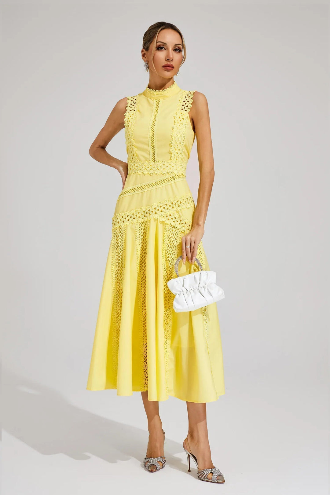 Delicate lace A-line midi dress, sleeveless & elegant, perfect for women's formal summer parties.