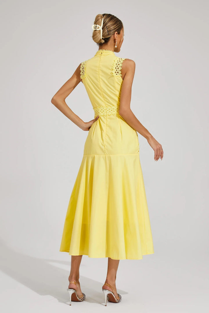 Women's elegant mock neck lace A-line midi dress, a sophisticated choice for wedding guests.