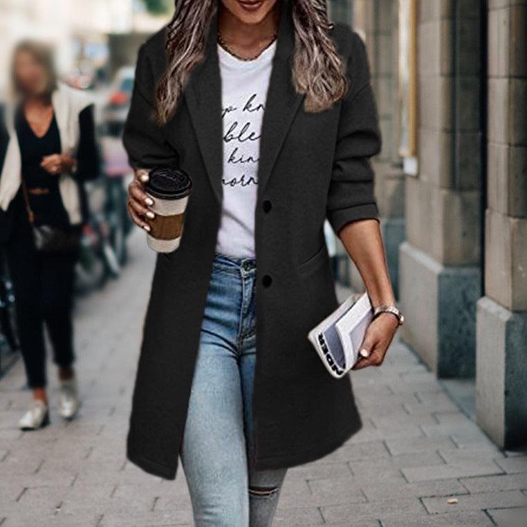 Stylish Amalia long fitted coat for women, an elegant winter jacket with a flattering cut for ladies fashion.