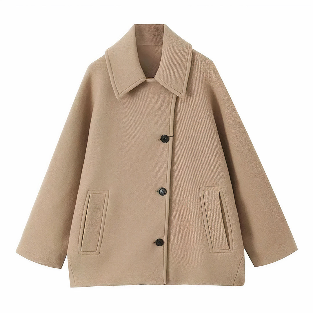 Elegant Amara women's classic warm jacket for fall/winter, featuring button closure and long sleeves.