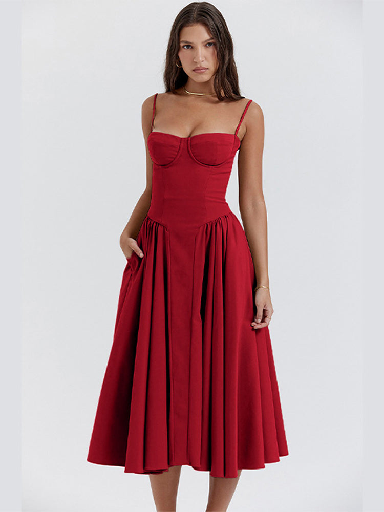 Sophisticated backless formal midi dress for women, featuring a chic pleated hem design.