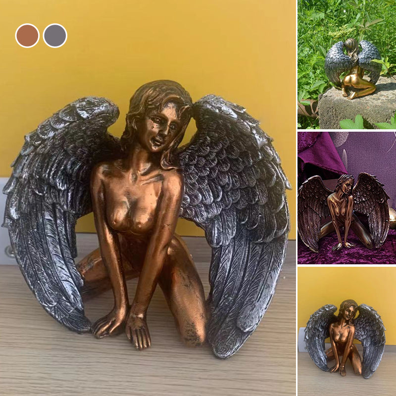 Artistic angel wings kneeling statue, a unique resin spiritual decor piece