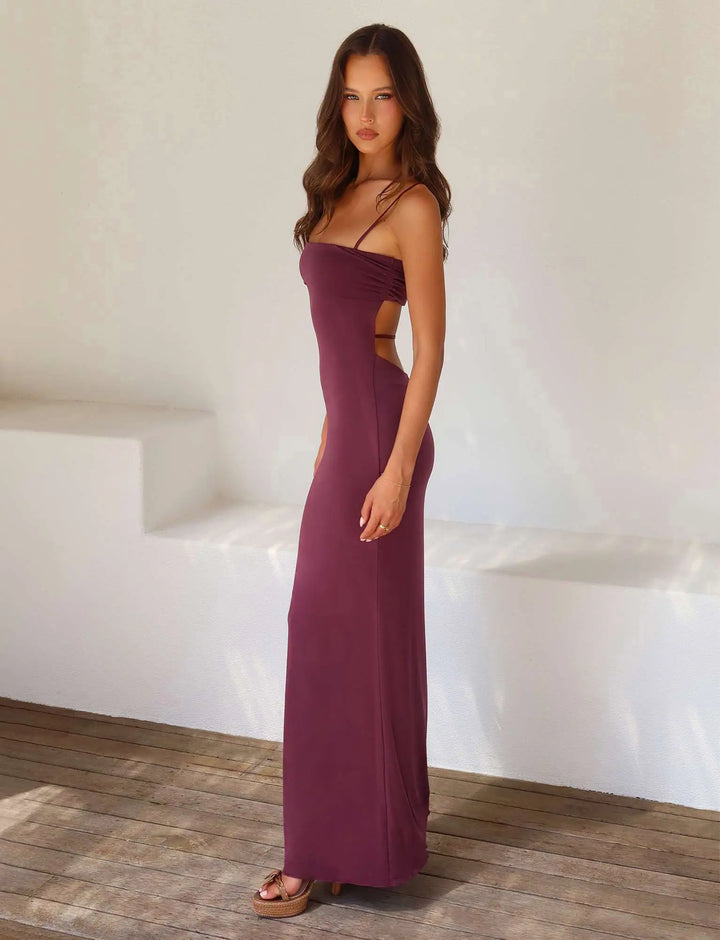 Stylish women's elegant backless bandeau maxi dress, a statement party gown.
