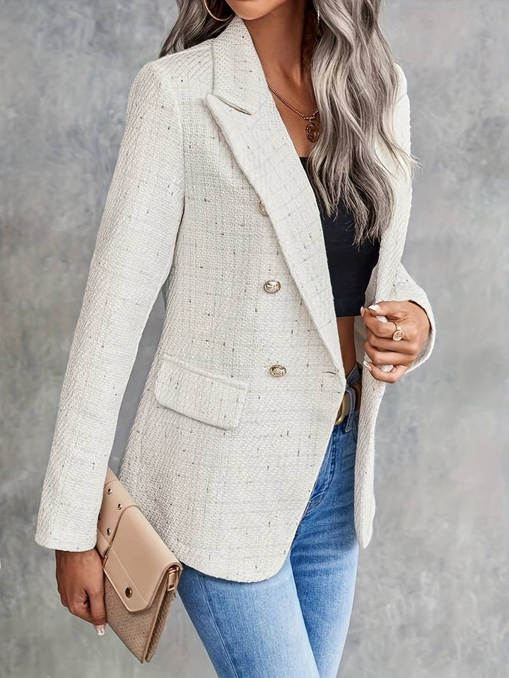 Elegant beige double-breasted blazer for women, perfect for professional office wear & tailored fashion.