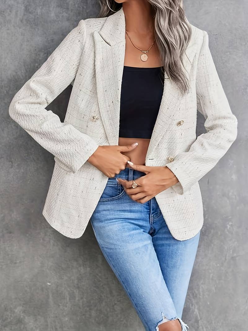 Professional women's tailored blazer in a classic beige, featuring a stylish double-breasted design.