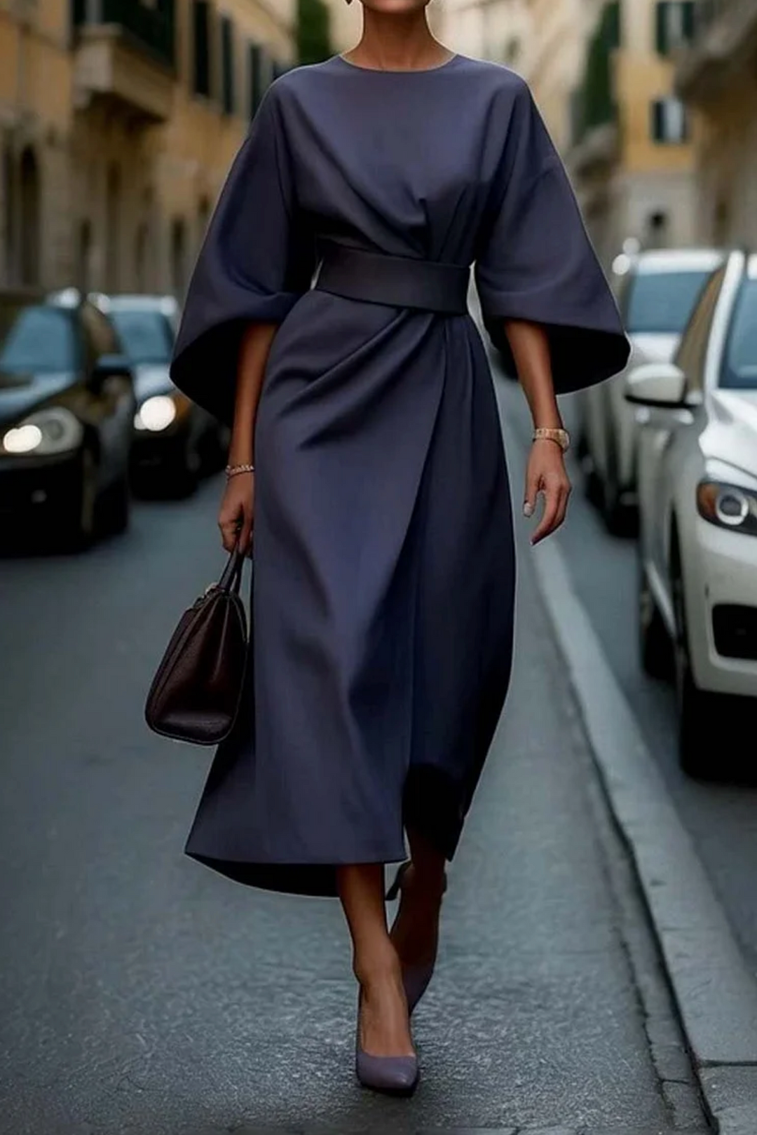 Women's sophisticated cocktail dress featuring a cinched waist belt and stylish lantern sleeves.