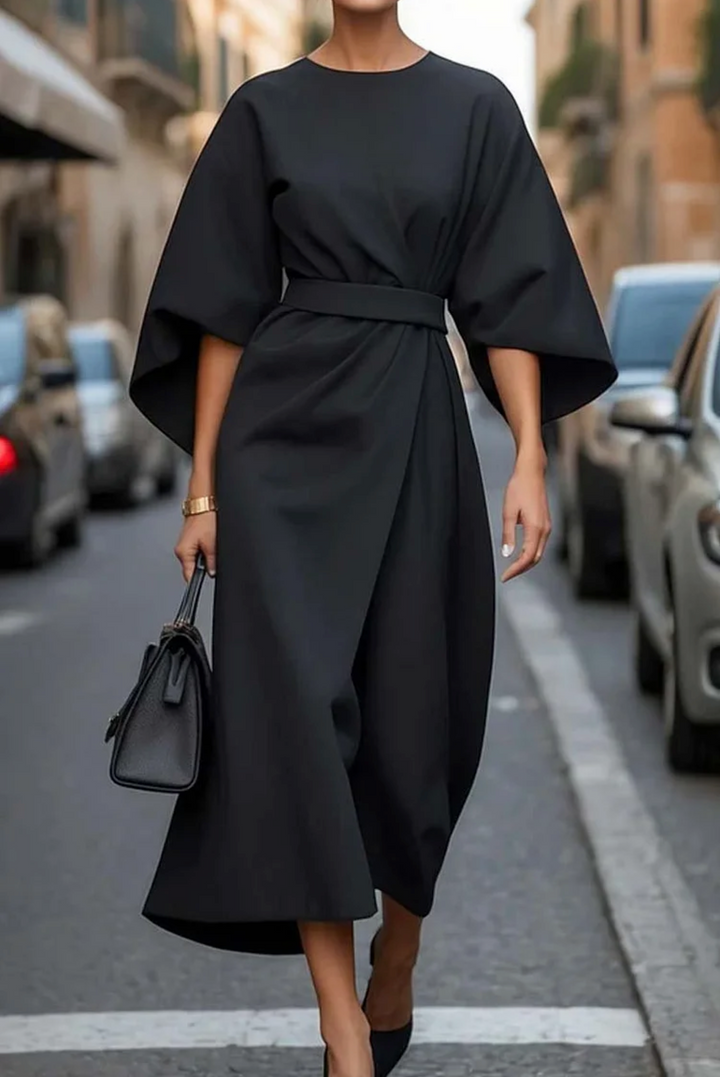 Midi-length elegant dress for women, showcasing chic lantern sleeves and a defined waist belt.