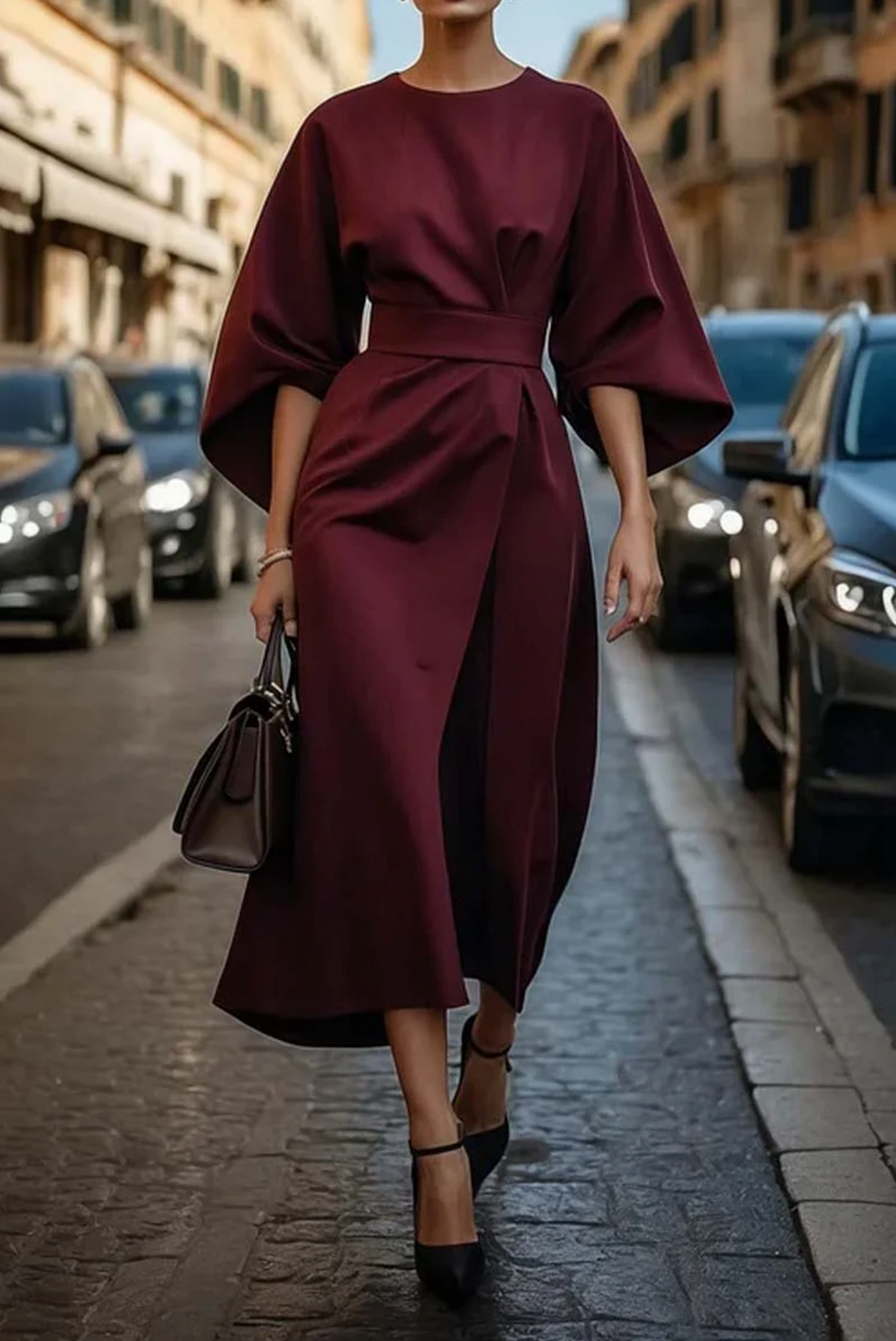 Stylish women's belted dress with flowy lantern sleeves, suitable for a refined and elegant look.