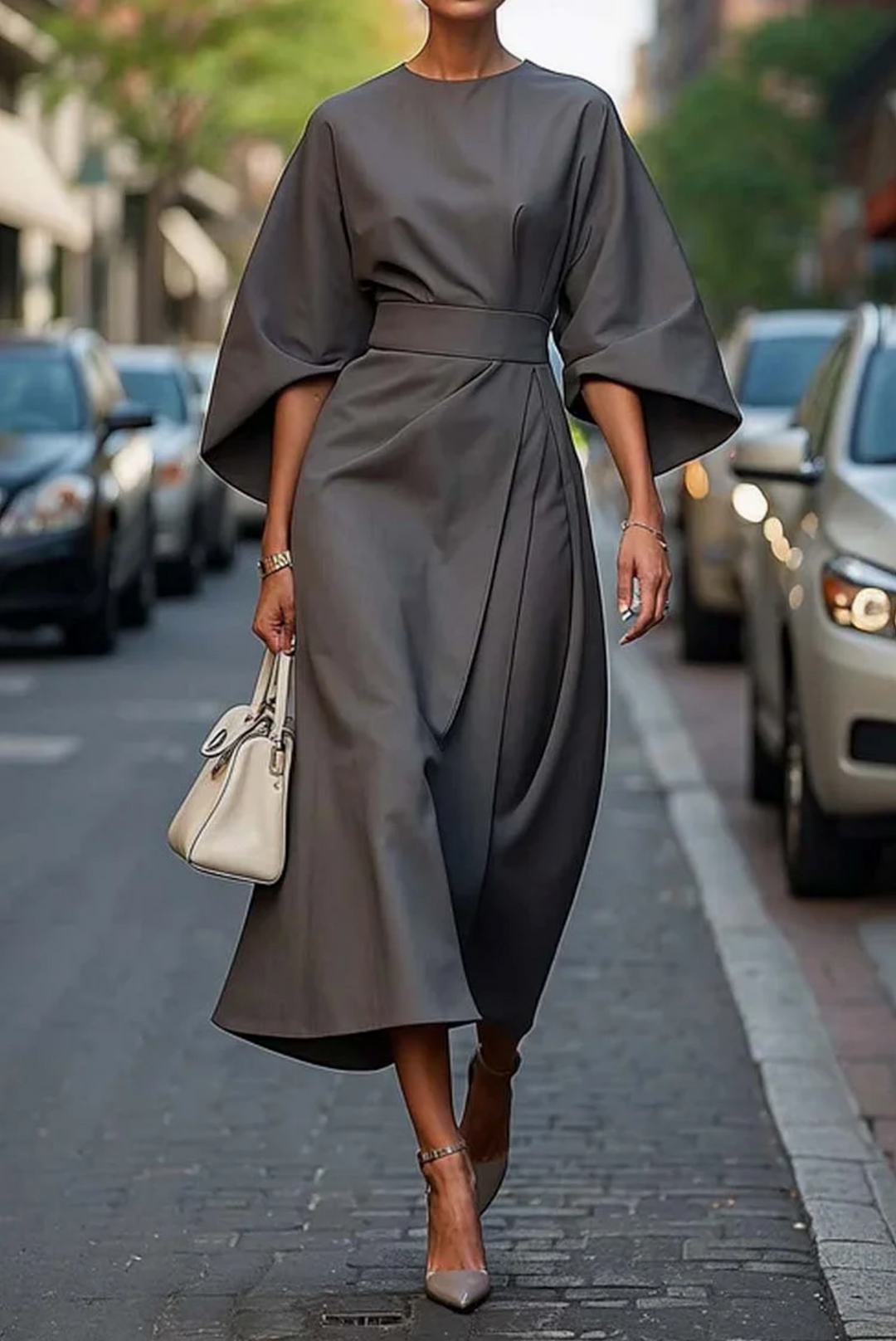 Classic elegant dress for women, designed with eye-catching lantern sleeves and a complementary belt.