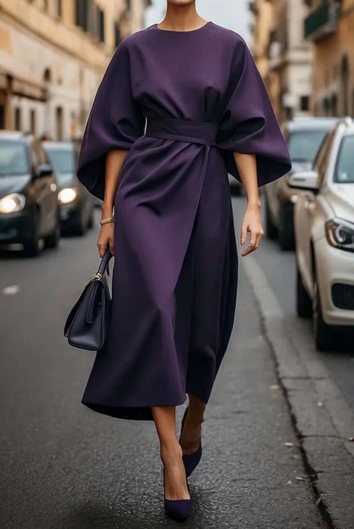 Special occasion women's dress, a midi style with elegant lantern sleeves and a figure-flattering belt.