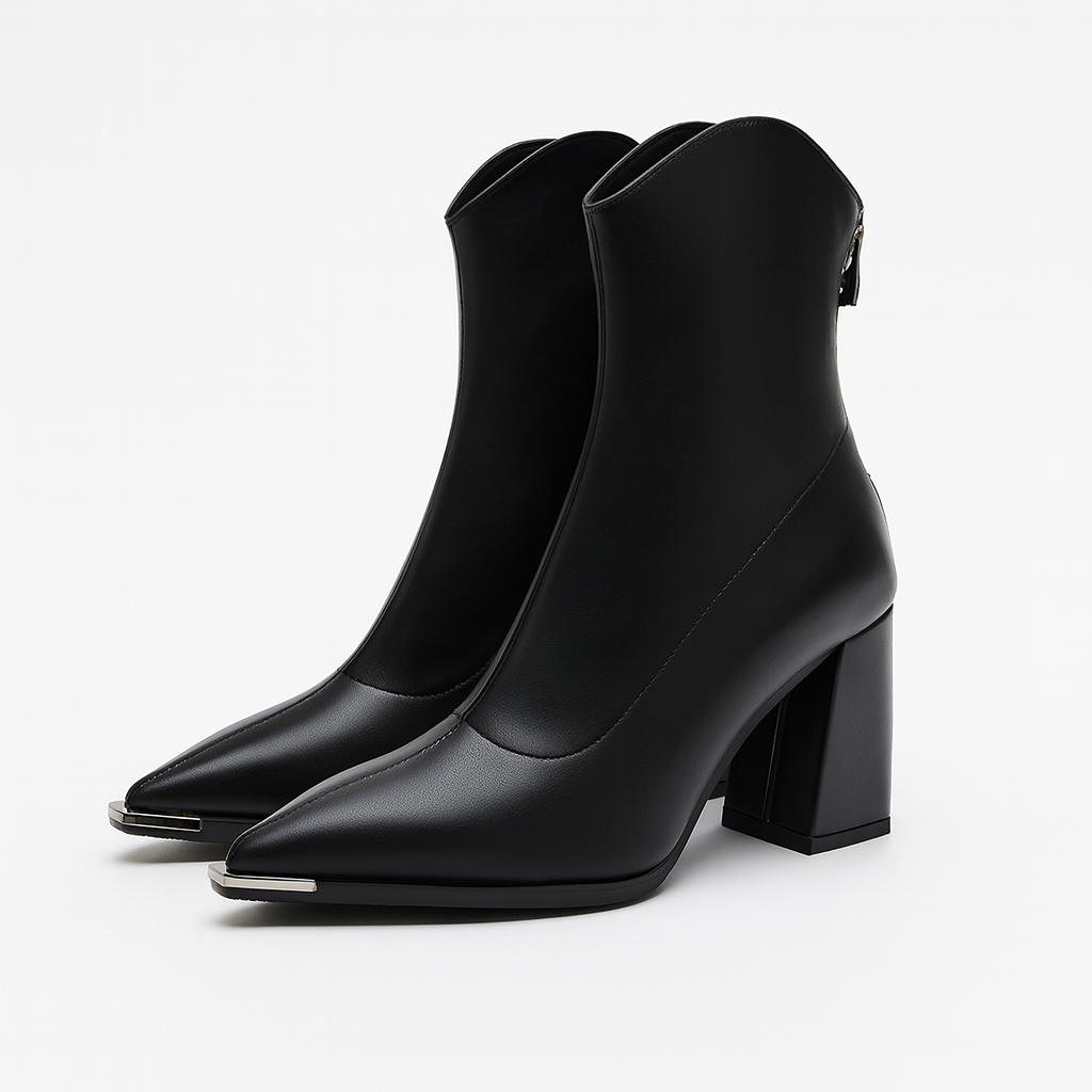 Women's versatile black ankle boots with a stylish pointed toe and comfortable block heel.