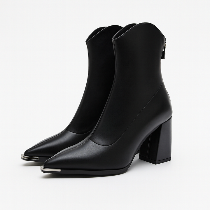 Women's versatile black ankle boots with a stylish pointed toe and comfortable block heel.