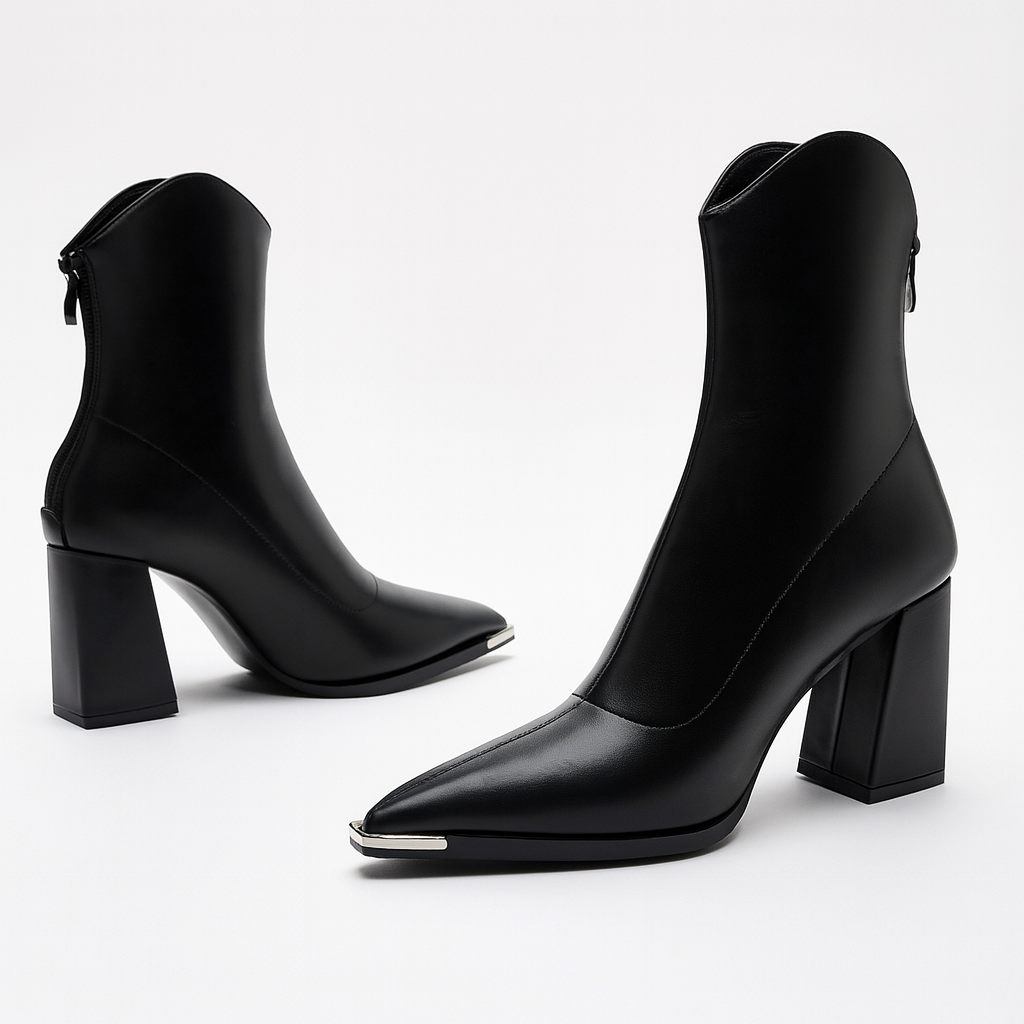 Casual chic women's footwear: black pointed toe ankle boots with a sturdy block heel.