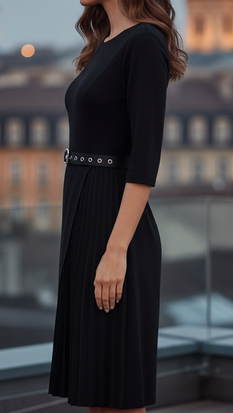 Stylish black midi dress for women featuring a belt and long sleeves, suitable for spring elegance