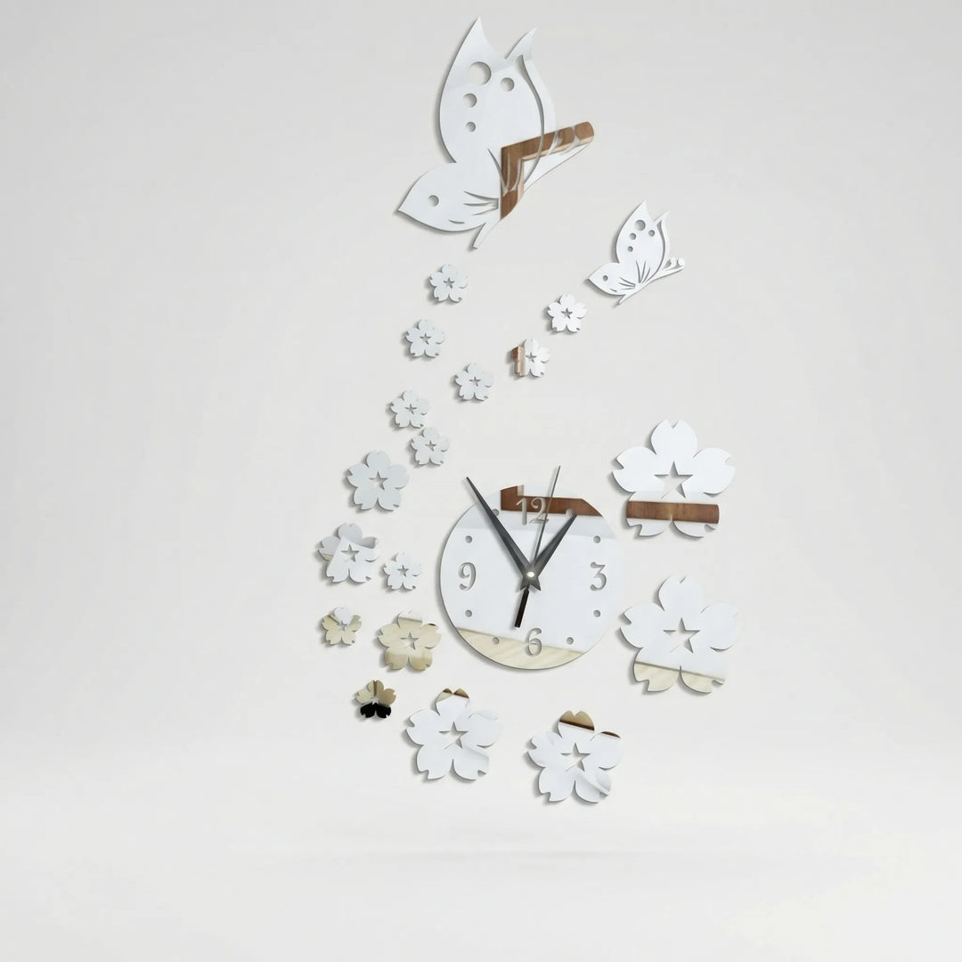 Decorative butterfly wall clock. Nature-inspired floral design, elegant black finish, modern home decor.