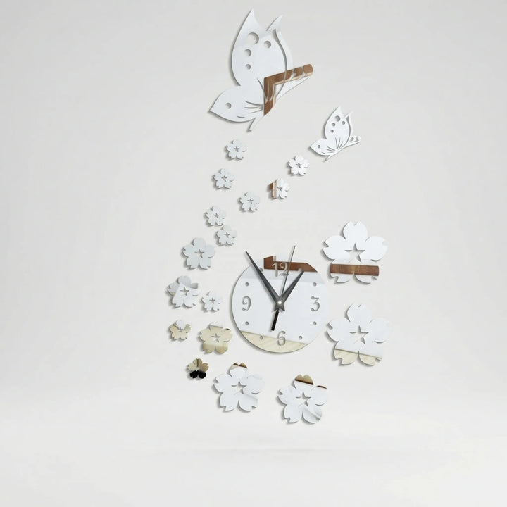 Decorative butterfly wall clock. Nature-inspired floral design, elegant black finish, modern home decor.