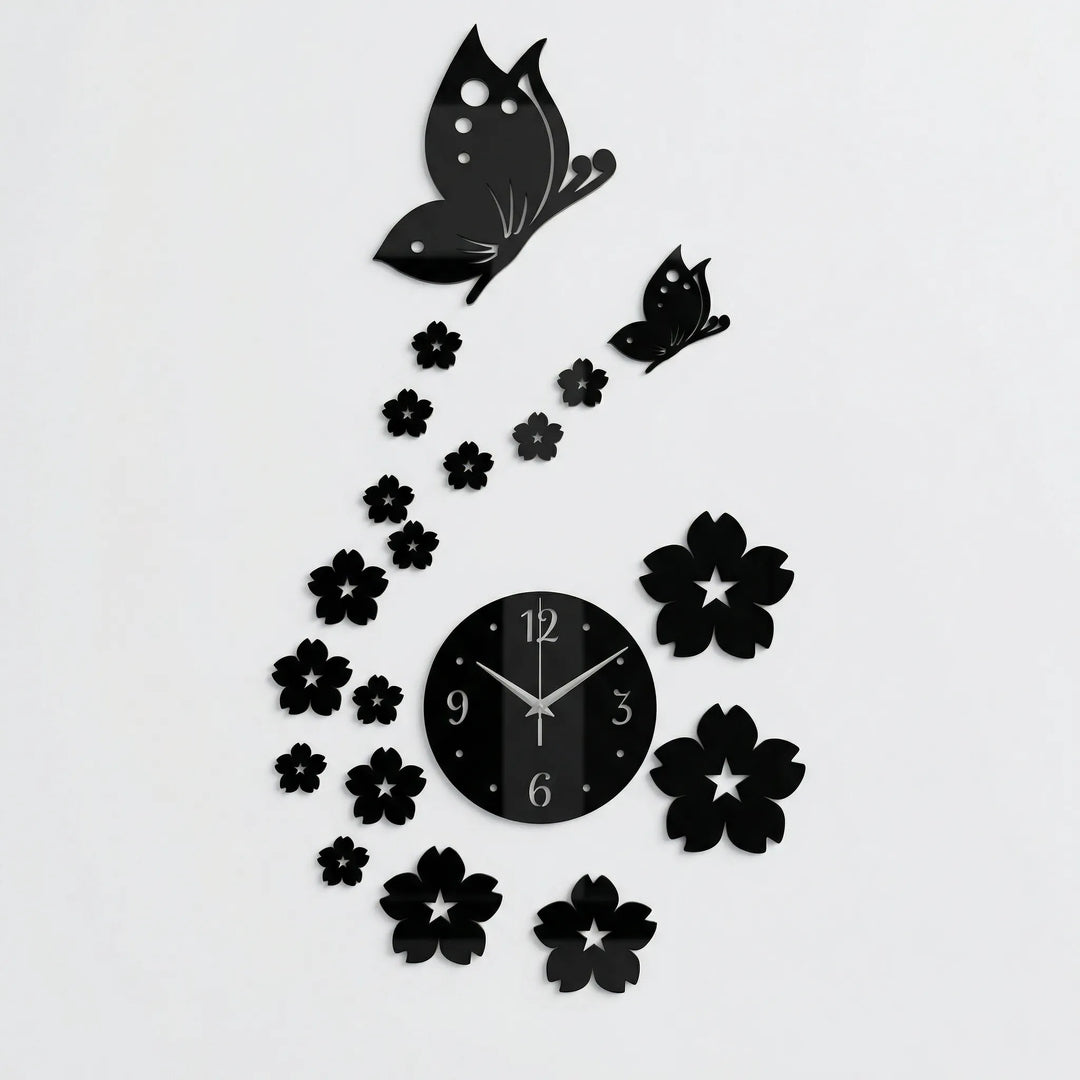 Stunning butterfly wall clock adds elegant, nature-inspired wall art. Black finish, quartz movement for modern homes.