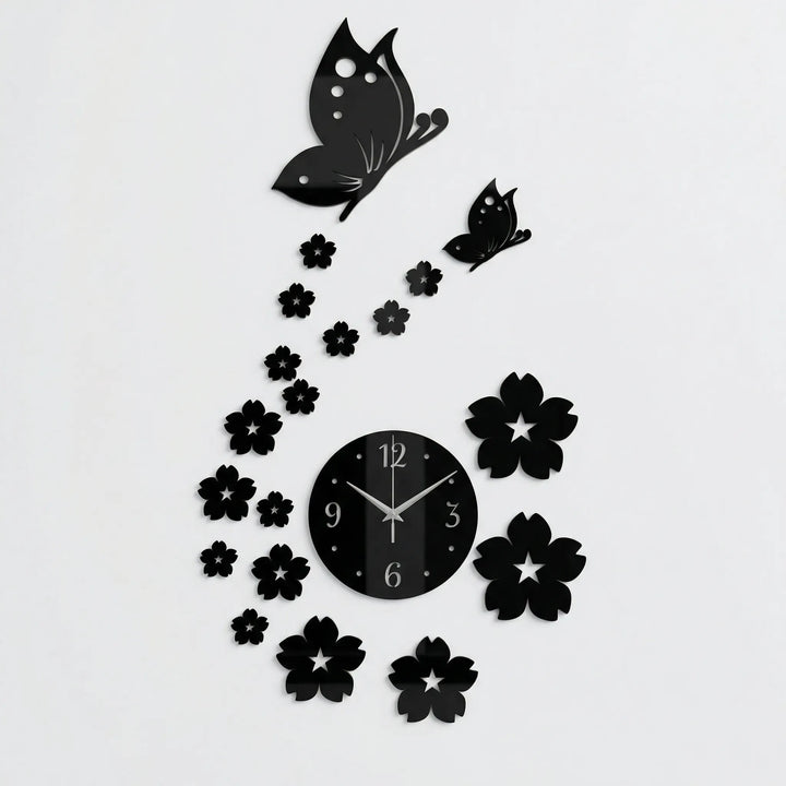 Stunning butterfly wall clock adds elegant, nature-inspired wall art. Black finish, quartz movement for modern homes.