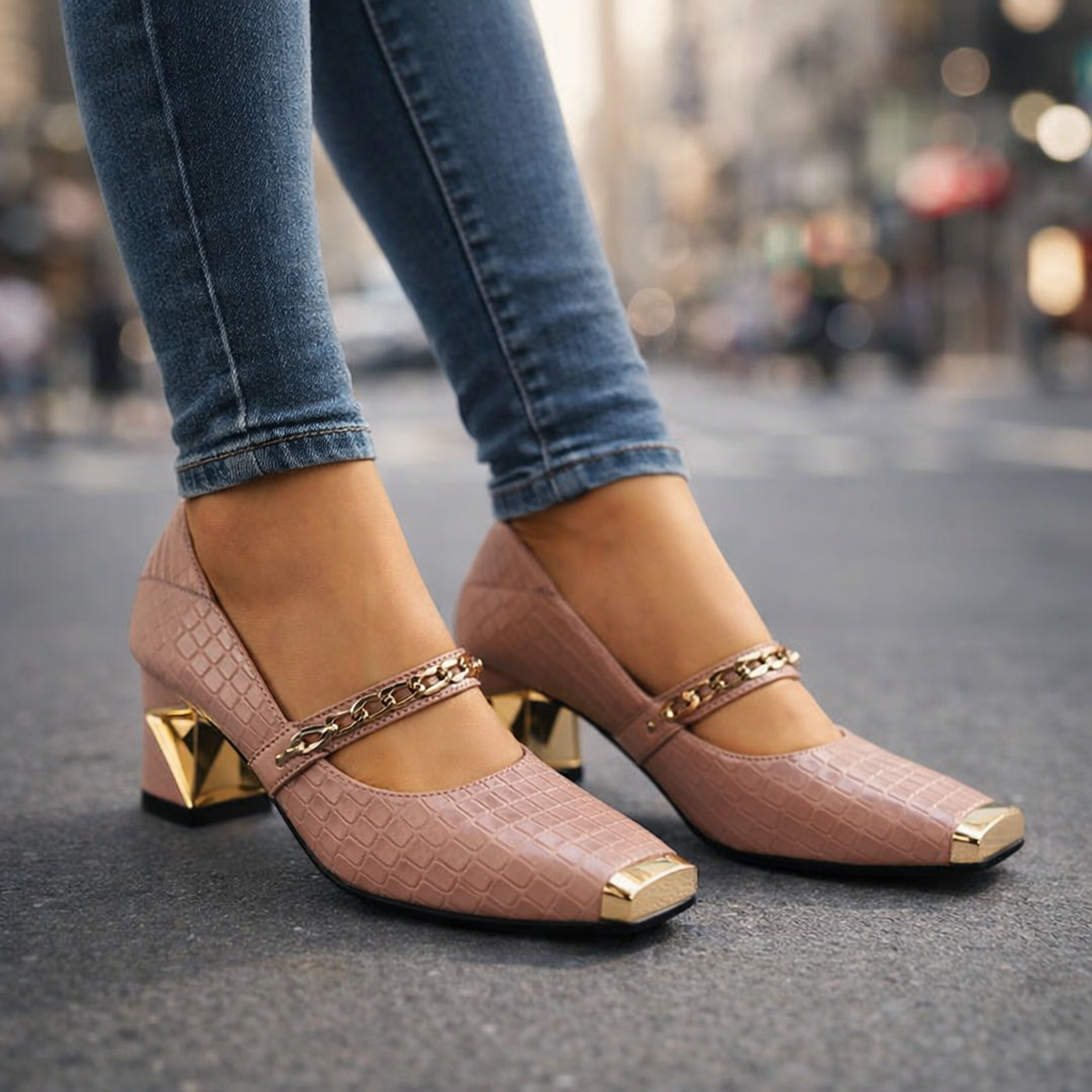 Elegant black faux leather block heel sandals with gold chain detail, squared toe for women's evening wear.