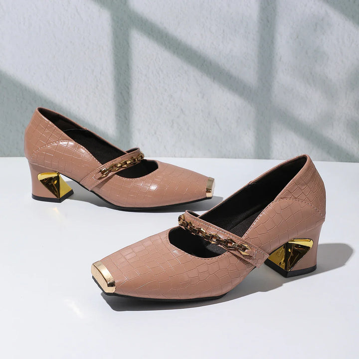 Women's fashionable block heel sandals, perfect with dresses, featuring a chain and squared toe design.