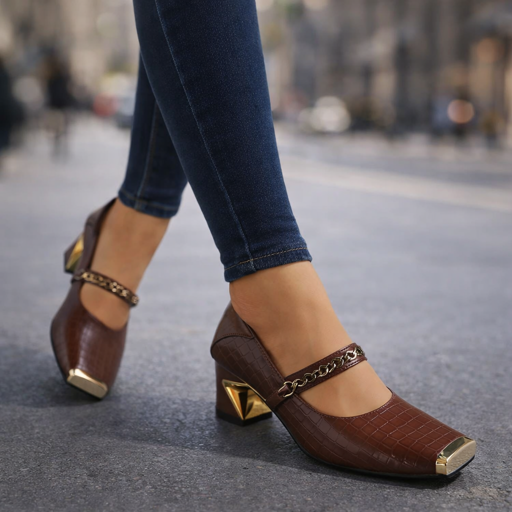 Comfortable nude block heel sandals for women, elegant faux leather design with sophisticated chain detail.