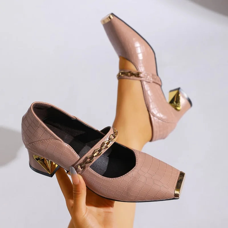 Sophisticated faux leather block heel sandals for women, featuring a chic chain and comfortable design.