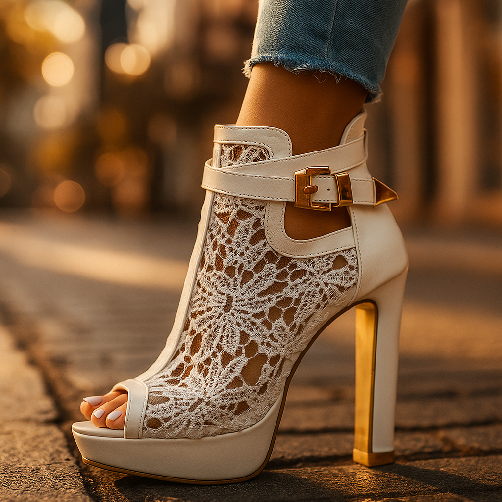Stylish women's elegant black lace platform high heels, designed for comfort and fashion.