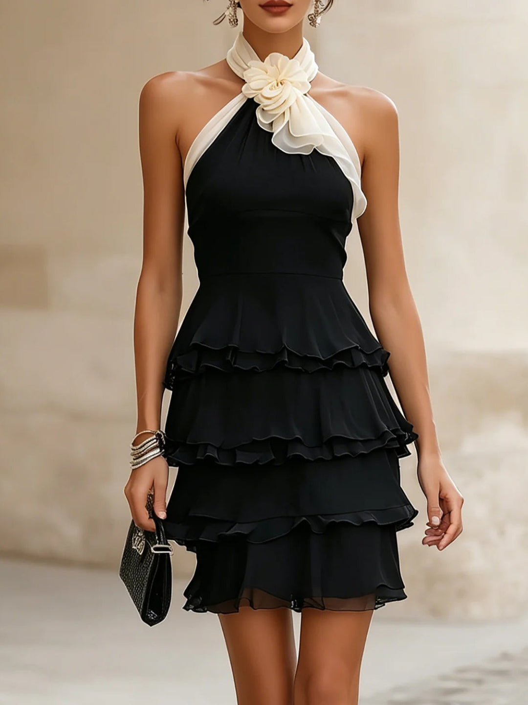 Elegant black mini dress for women with a stylish halter neck, perfect for parties & evening wear.