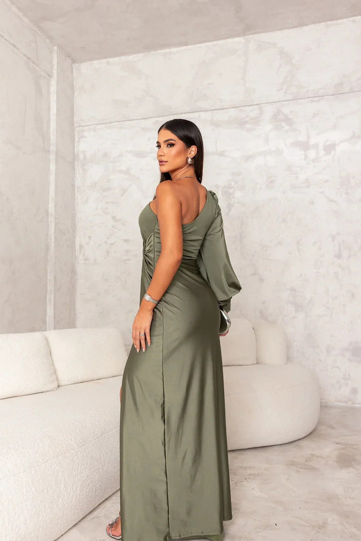 Glamorous one-shoulder ruched maxi party dress in a rich emerald tone for women.