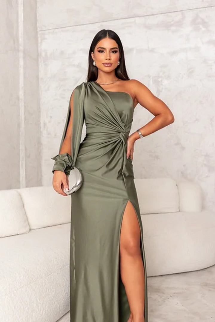 Elegant one-shoulder ruched formal wedding guest dress, stunning with a side split.