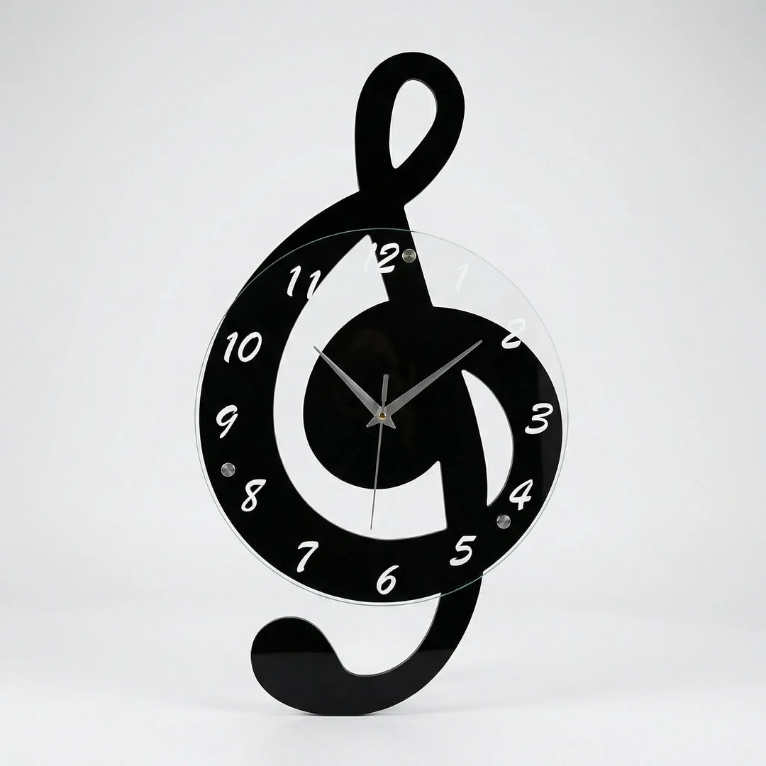 Stylish treble clef analog wall clock. A unique musical decor piece and perfect gift for music enthusiasts.