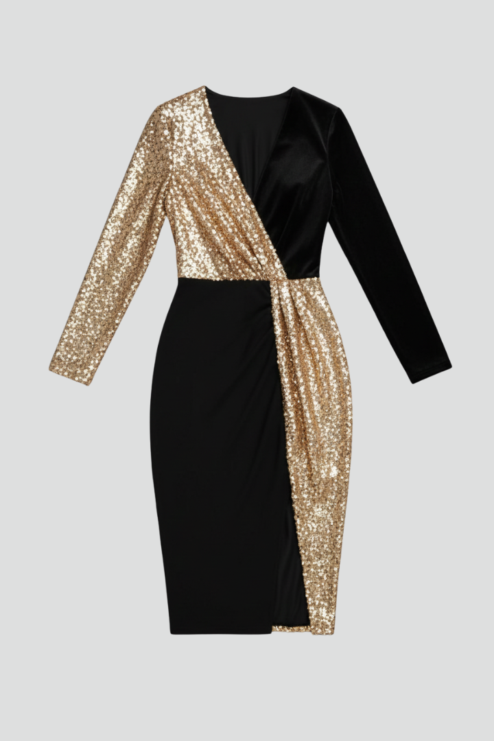 Elegant black V-neck long sleeve dress for women. Modern knee-length textured design, perfect for formal events.
