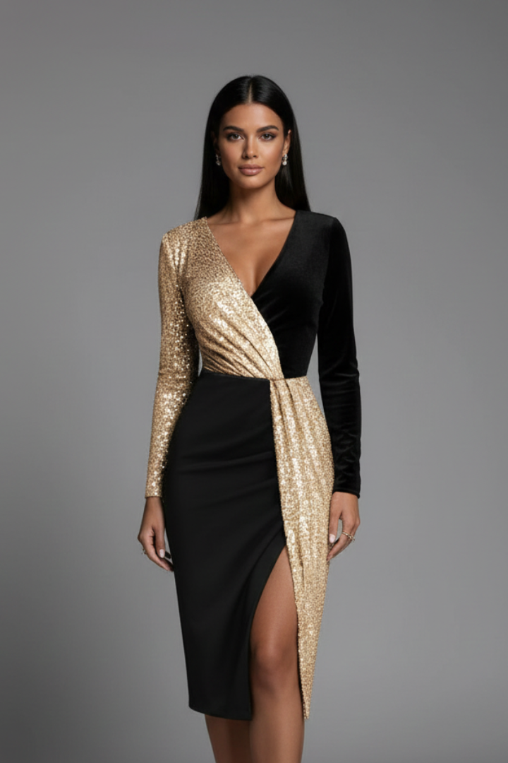 Stylish women's V-neck long sleeve black dress. Textured fabric, ideal for autumn/winter fashion & casual chic.