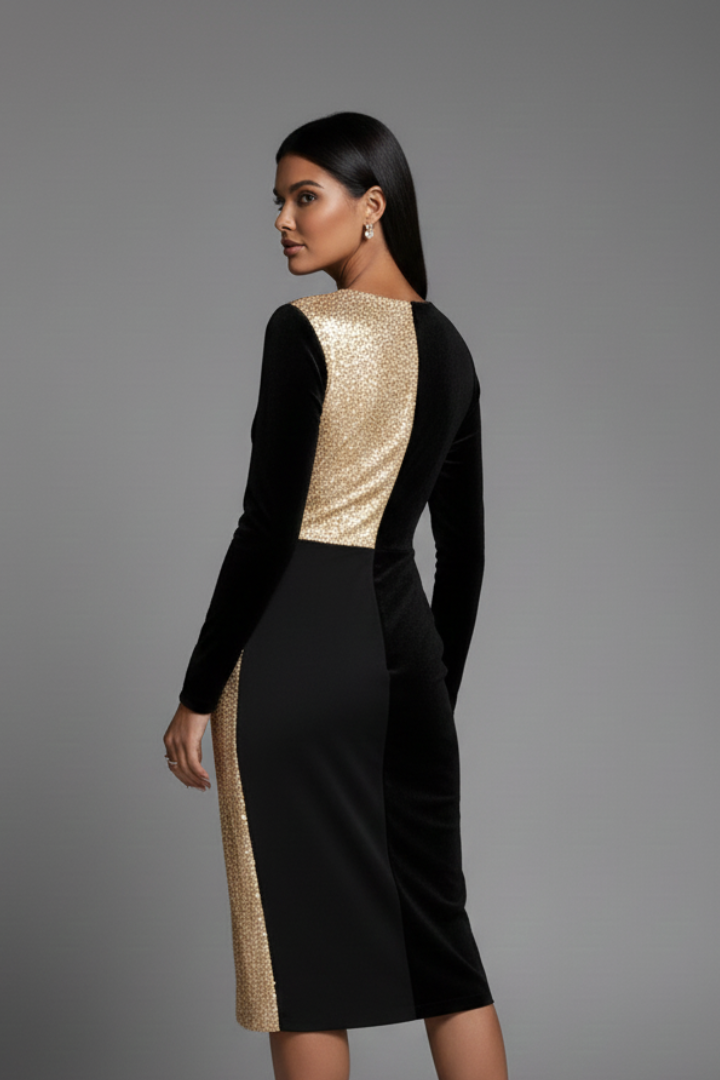 Formal black V-neck long sleeve dress for women. Elegant textured design, perfect for winter fashion events.