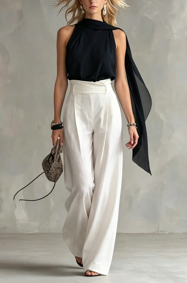 Elegant black women's halter top with draped cowl neck and flowy cape, perfect for evening wear & special occasions.