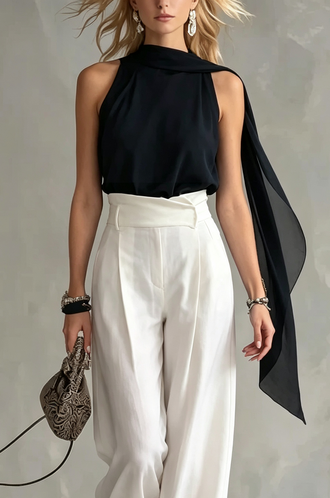 Chic women's black halter top featuring a sophisticated cowl neck and elegant cape, ideal for parties & formal events.