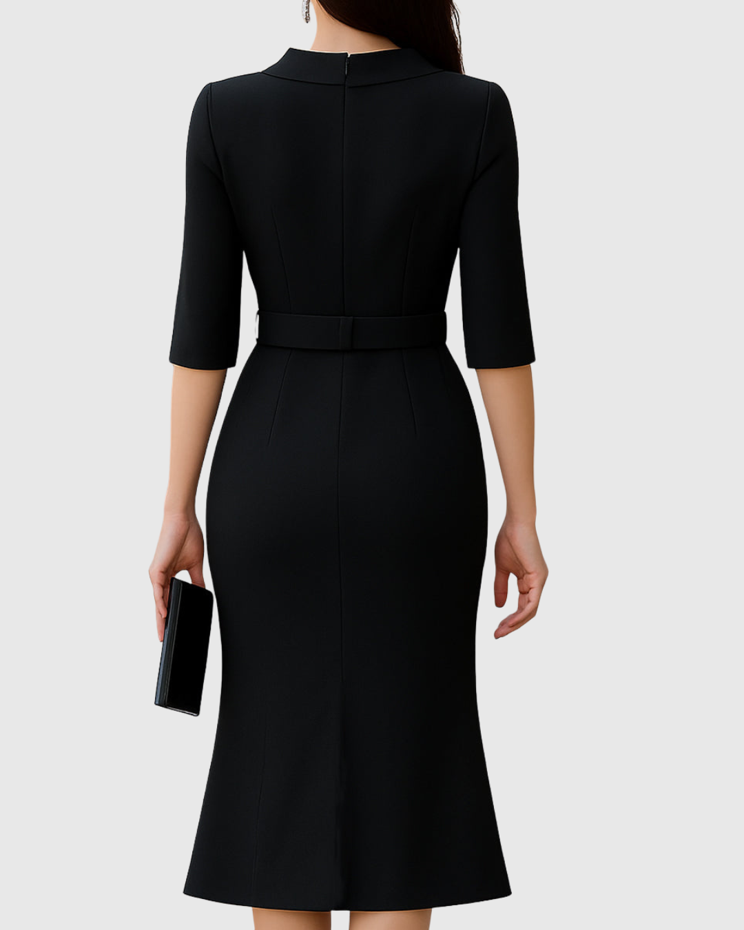 Classic black midi dress for women, featuring a tailored waist & short sleeves. Versatile for special occasions.