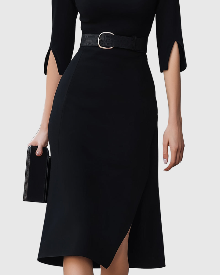 Stylish black women's midi dress with tailored waist & short sleeves, a classic elegant choice for any event.